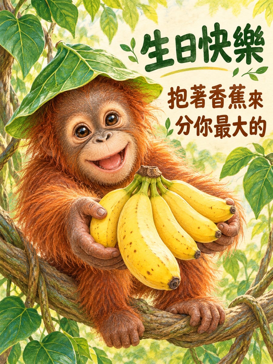 紅毛猩猩寶寶。圖中文字：生日快樂，抱著香蕉來，分你最大的