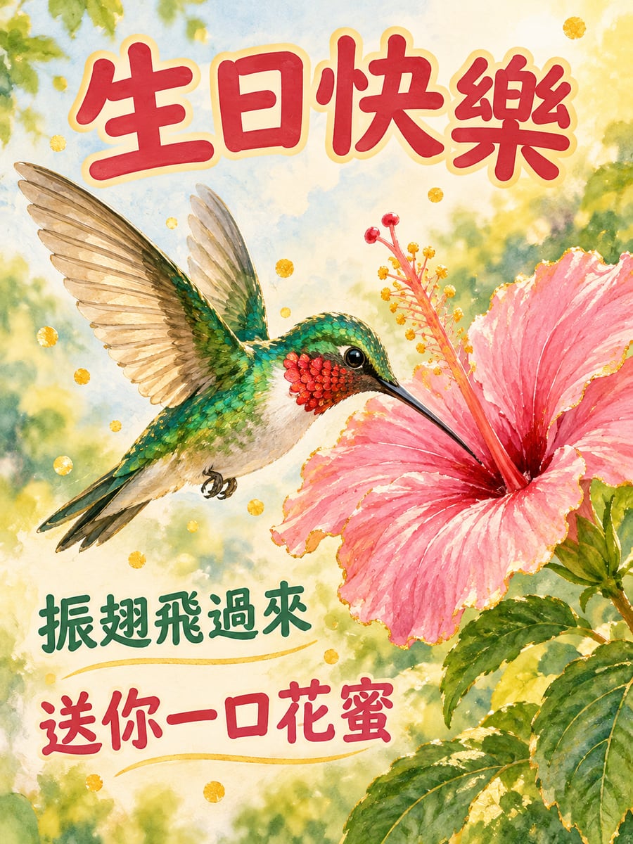 蜂鳥送花蜜。圖中文字：生日快樂，振翅飛過來，送你一口花蜜
