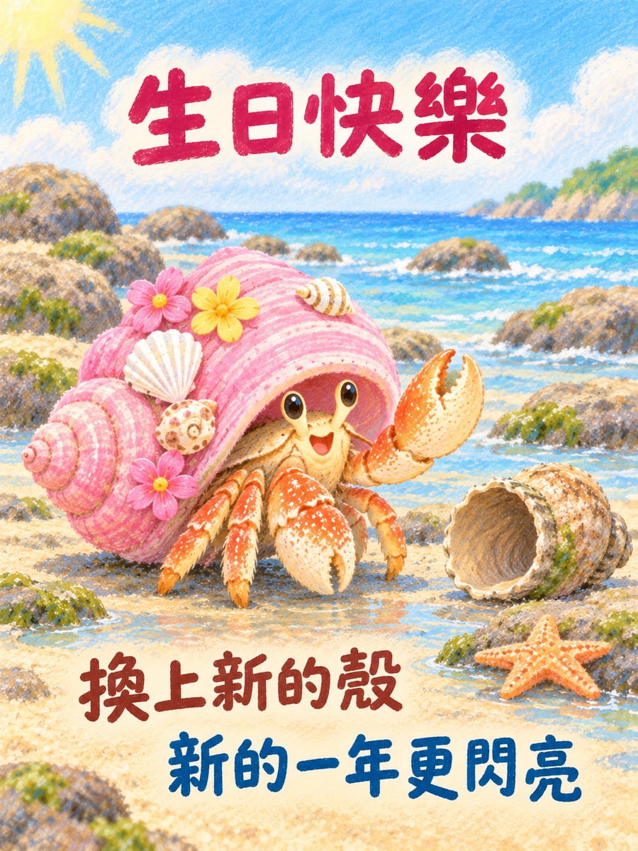 寄居蟹換新殼。圖中文字：生日快樂，換上新的殼，新的一年更閃亮