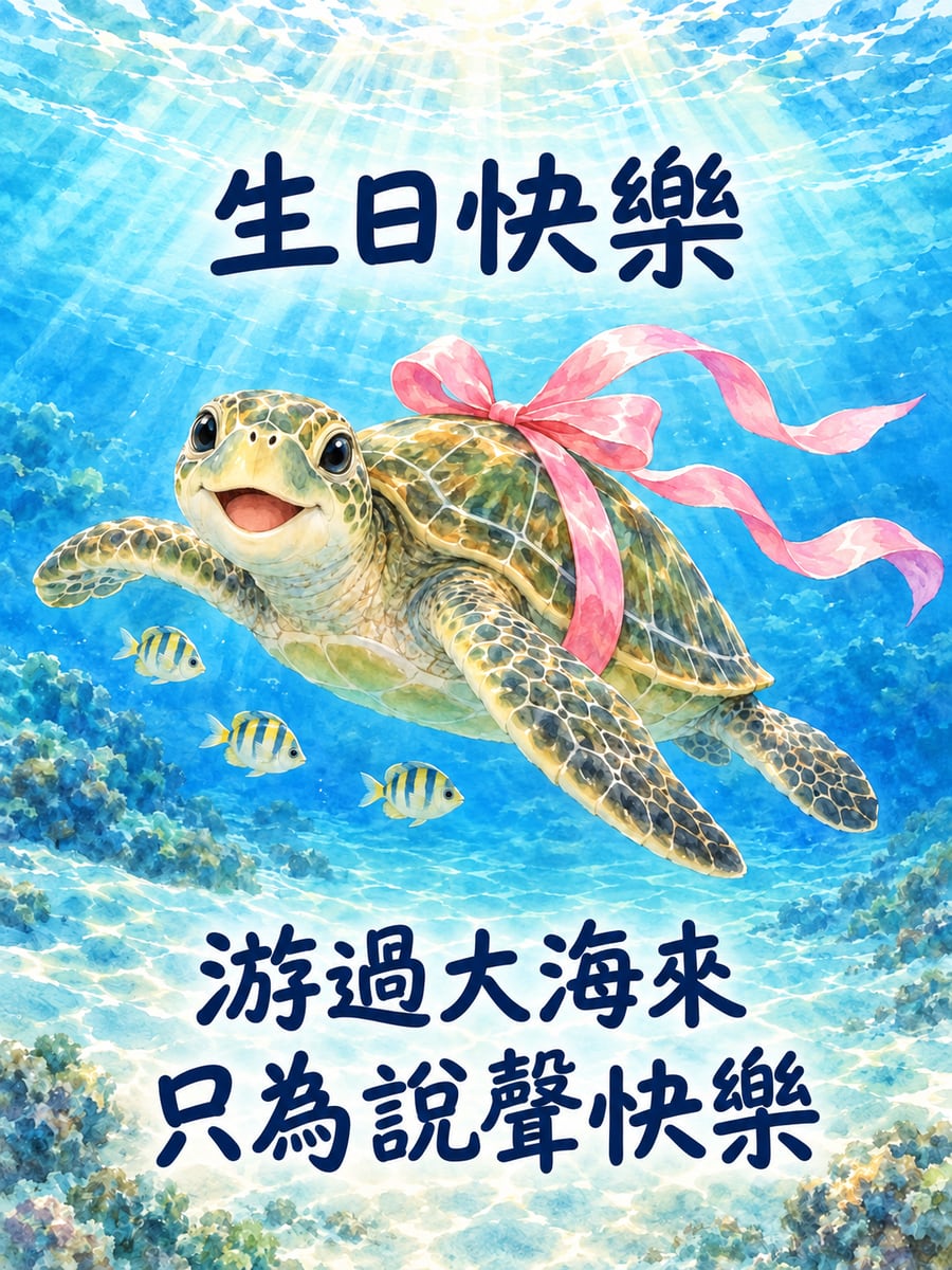 綠蠵龜繫緞帶。圖中文字：生日快樂，游過大海來，只為說聲快樂