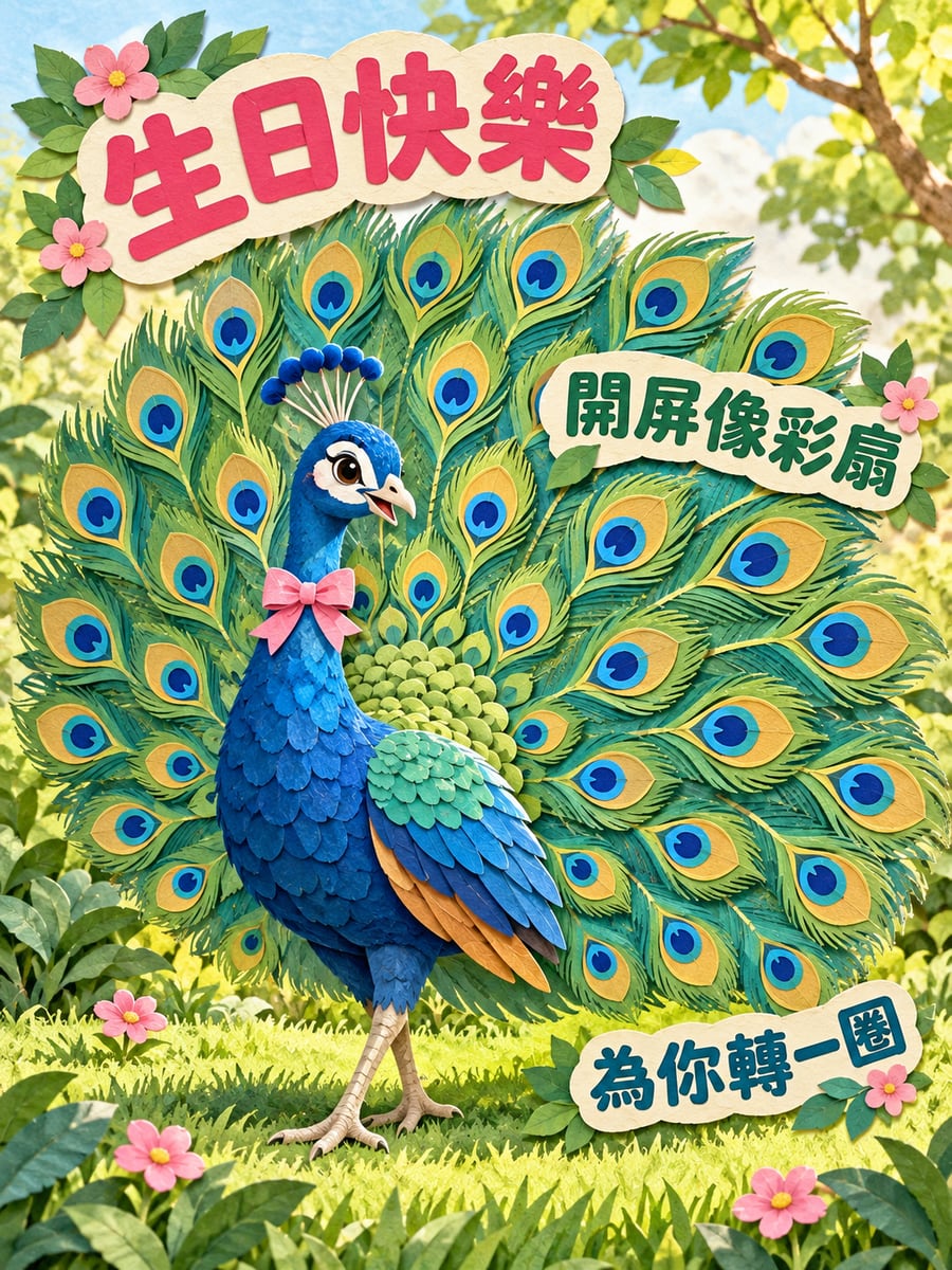 孔雀開屏。圖中文字：生日快樂，開屏像彩扇，為你轉一圈