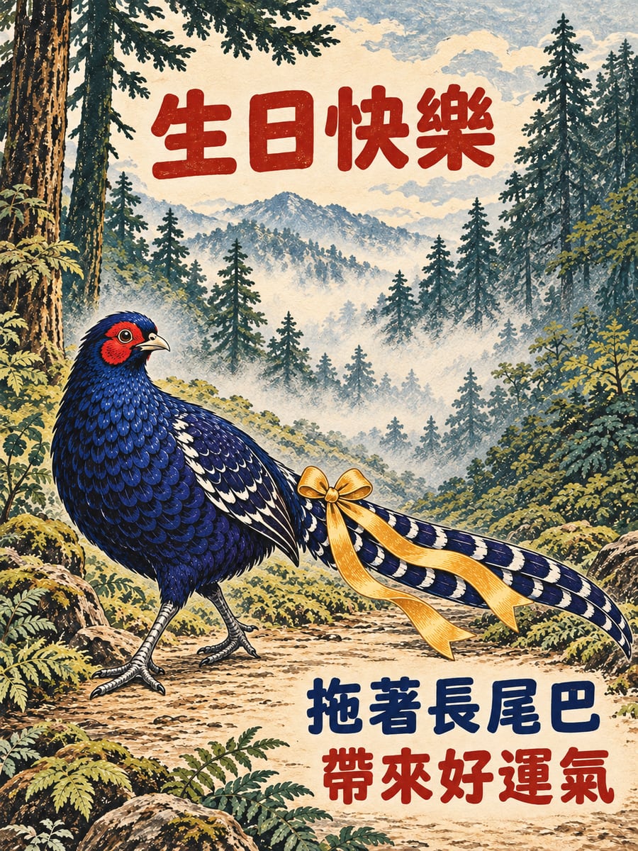 帝雉拖著緞帶。圖中文字：生日快樂，拖著長尾巴，帶來好運氣