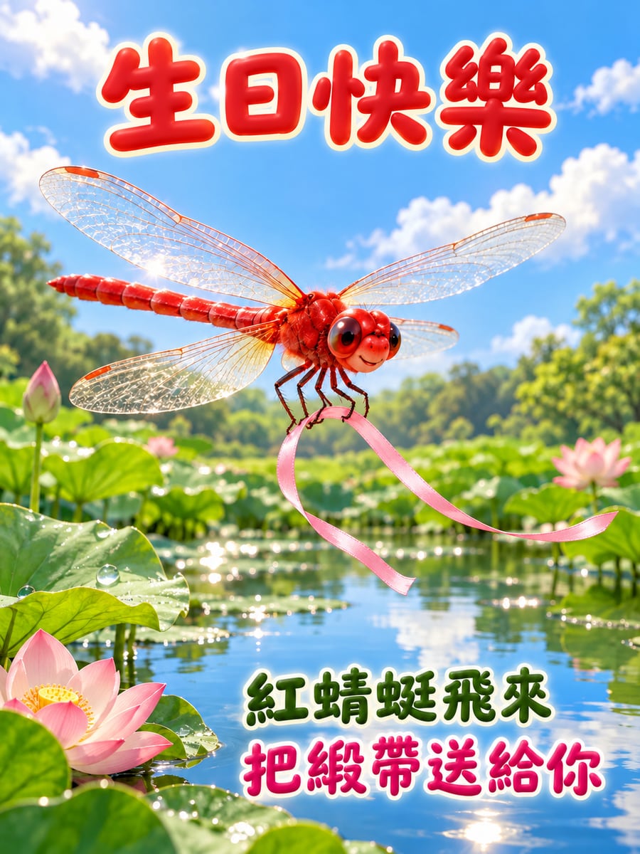 紅蜻蜓送緞帶。圖中文字：生日快樂，紅蜻蜓飛來，把緞帶送給你