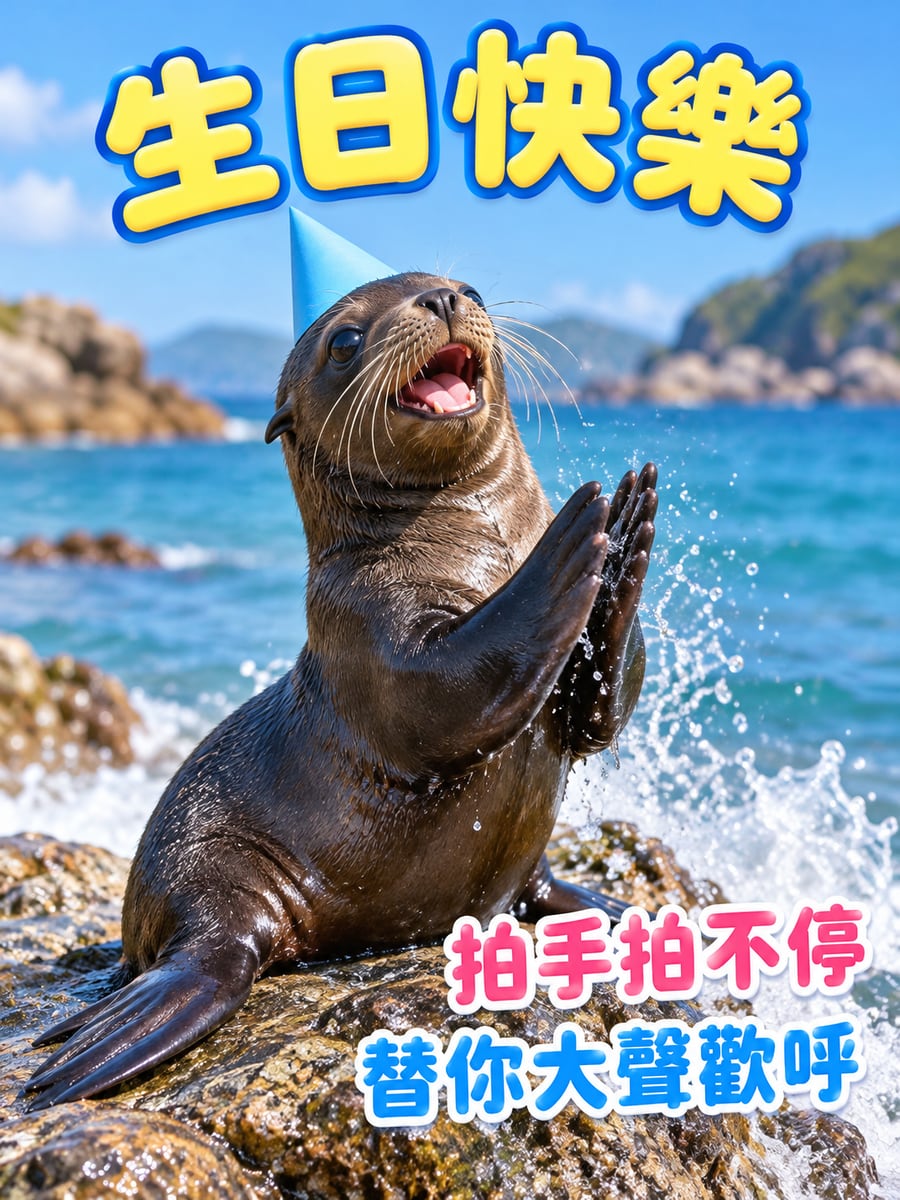 小海獅拍手。圖中文字：生日快樂，拍手拍不停，替你大聲歡呼