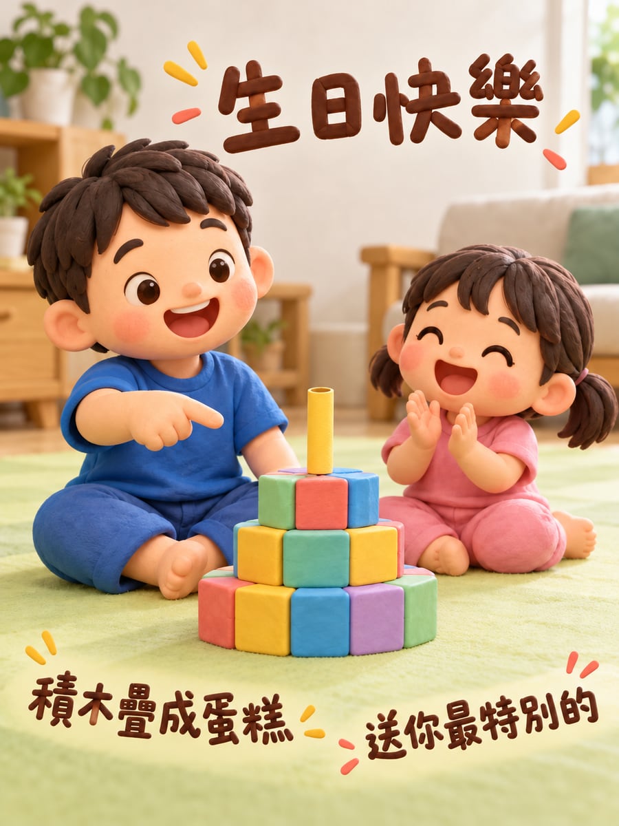 積木疊蛋糕。圖中文字：生日快樂，積木疊成蛋糕，送你最特別的