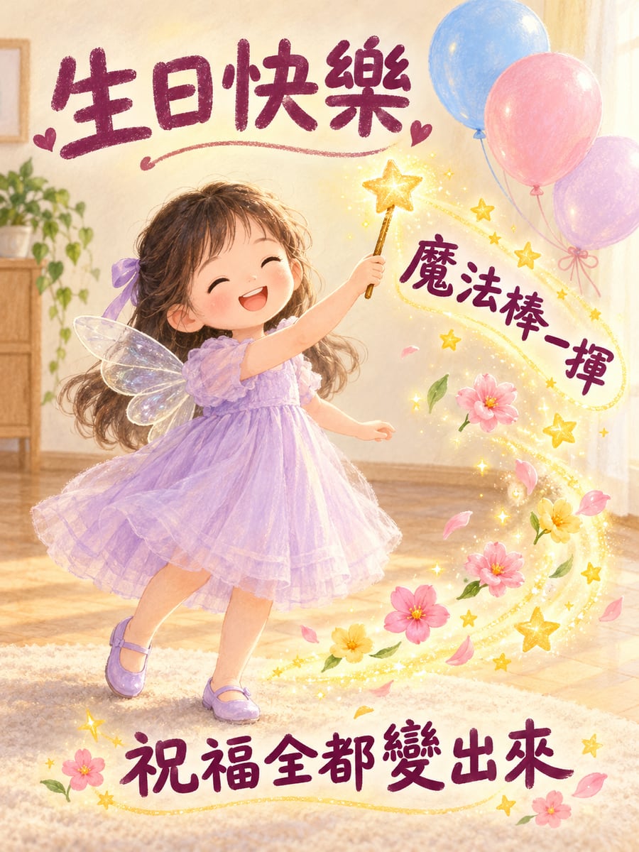 魔法棒變出祝福。圖中文字：生日快樂，魔法棒一揮，祝福全都變出來