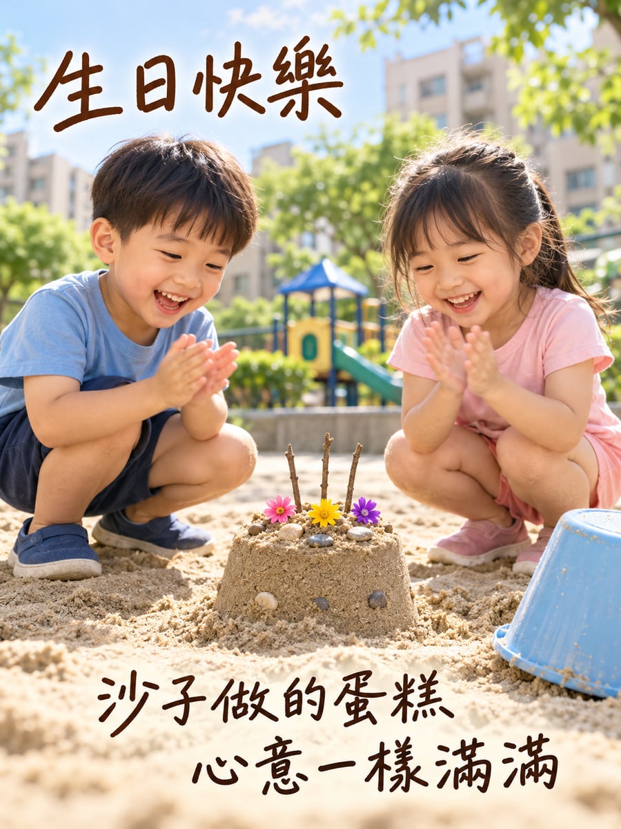 沙坑做蛋糕。圖中文字：生日快樂，沙子做的蛋糕，心意一樣滿滿