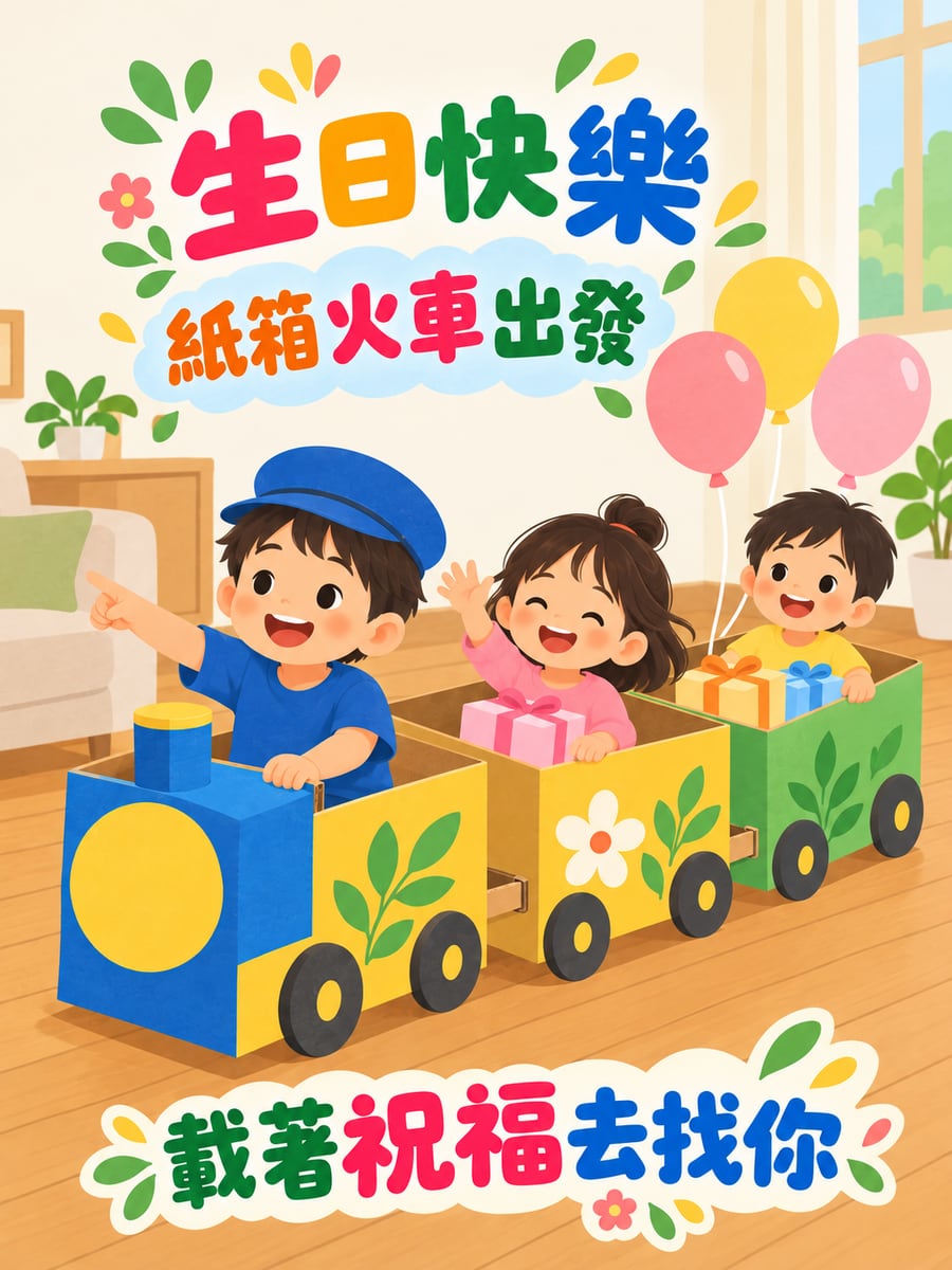 紙箱火車。圖中文字：生日快樂，紙箱火車出發，載著祝福去找你