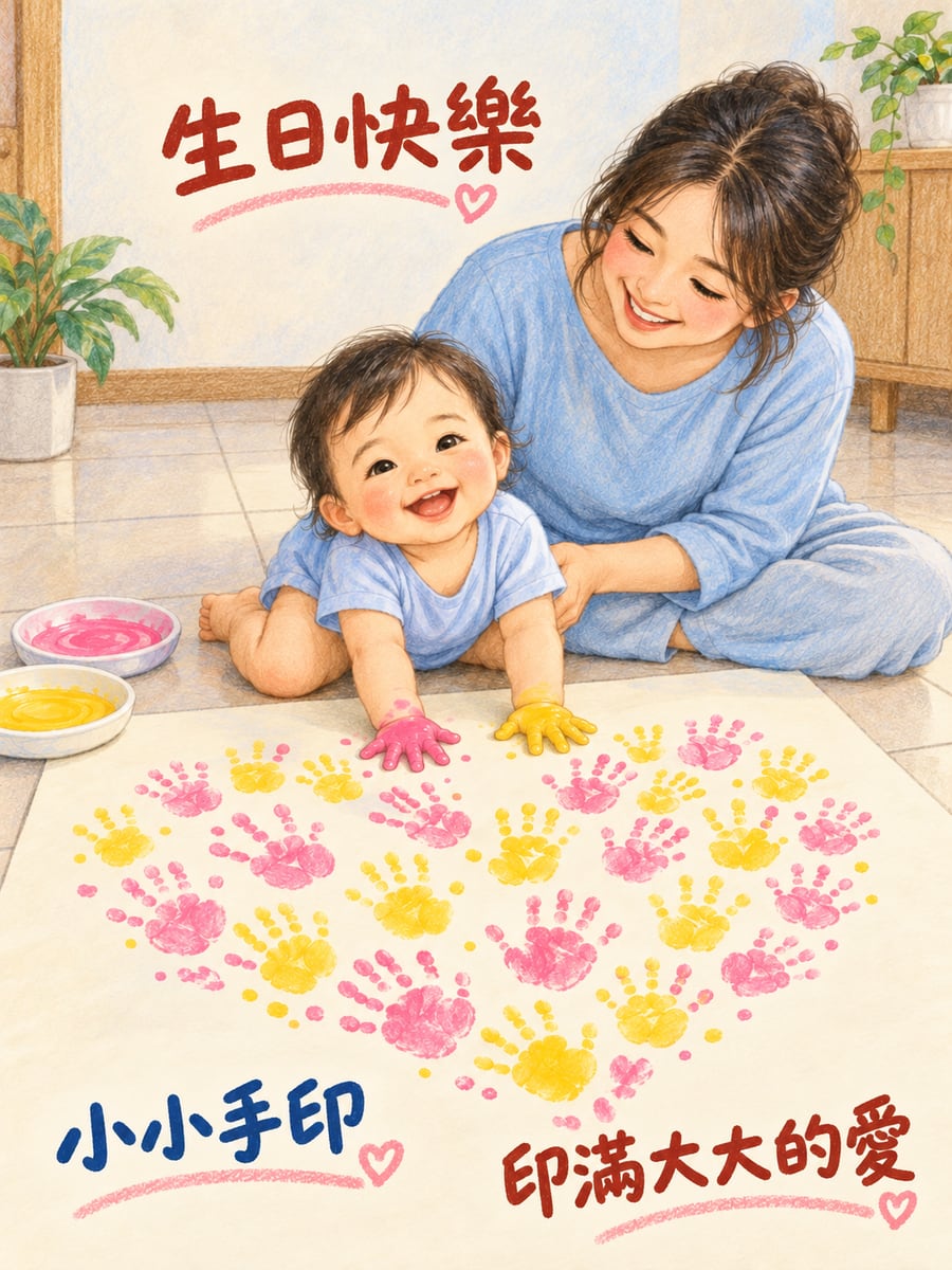 小手印愛心。圖中文字：生日快樂，小小手印，印滿大大的愛
