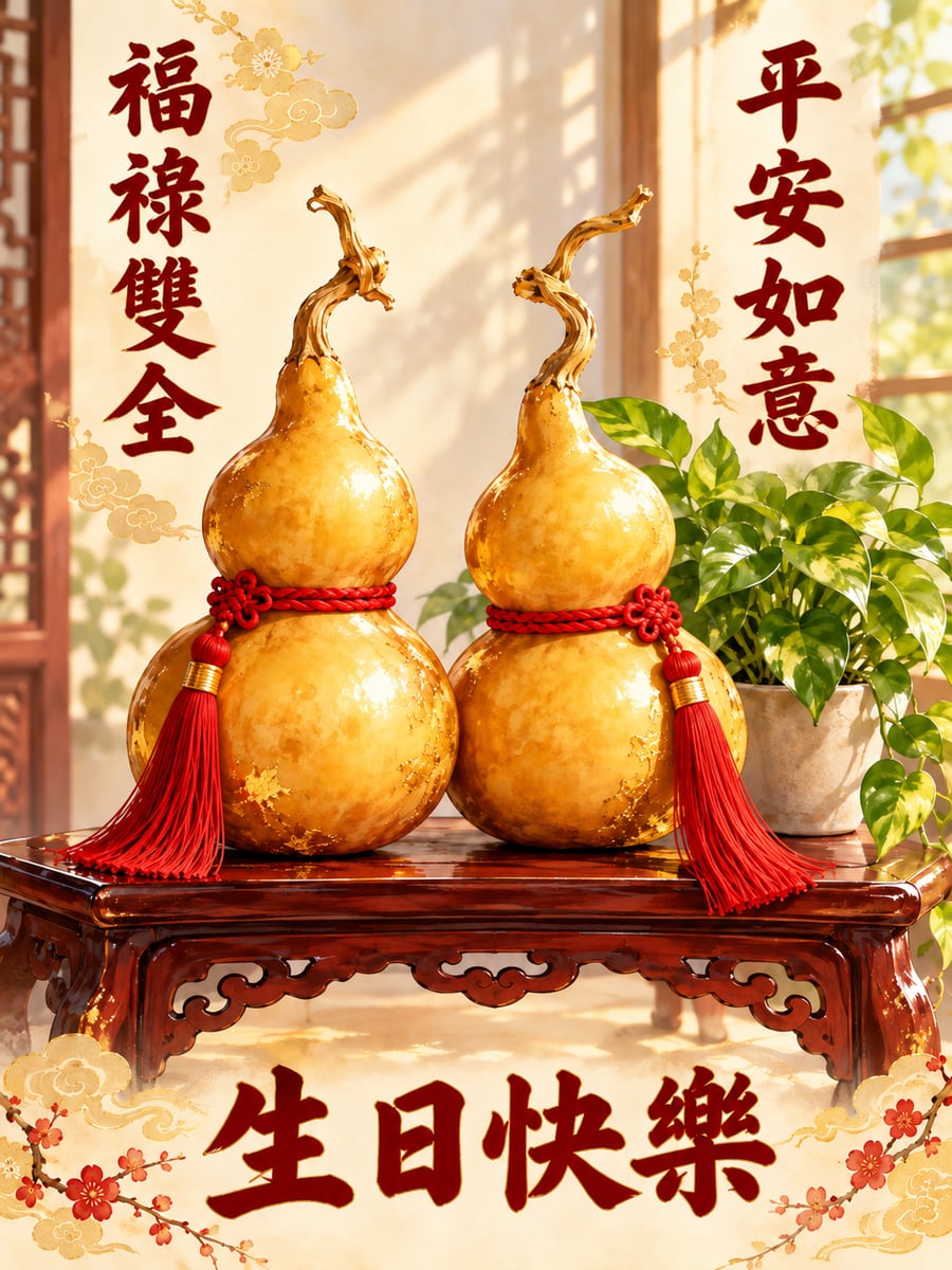 葫蘆福祿。圖中文字：生日快樂，福祿雙全，平安如意