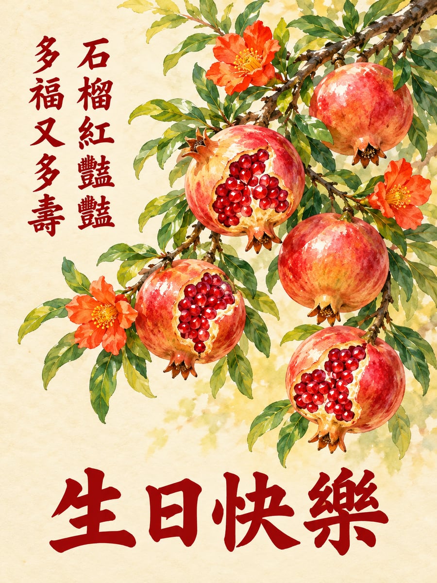 石榴紅豔豔。圖中文字：生日快樂，石榴紅豔豔，多福又多壽