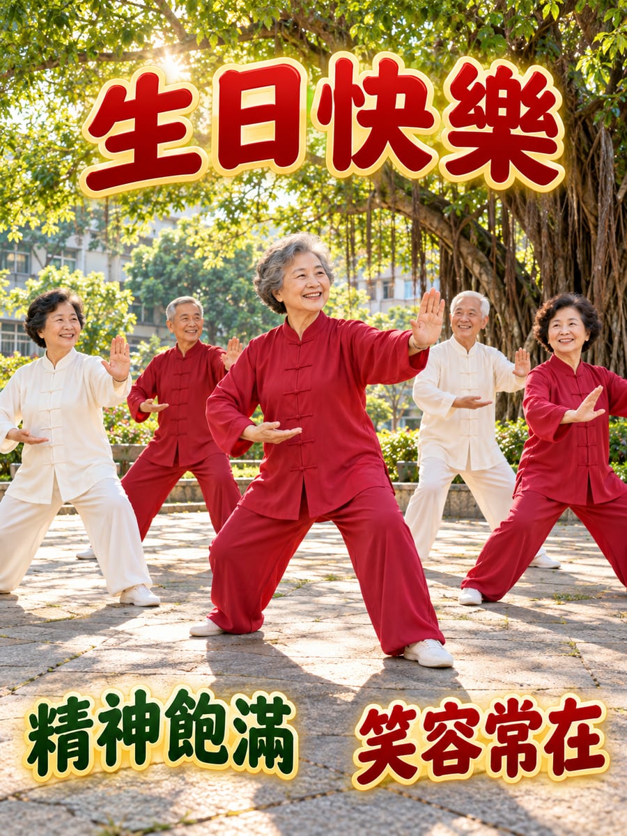 晨練好精神。圖中文字：生日快樂，精神飽滿，笑容常在