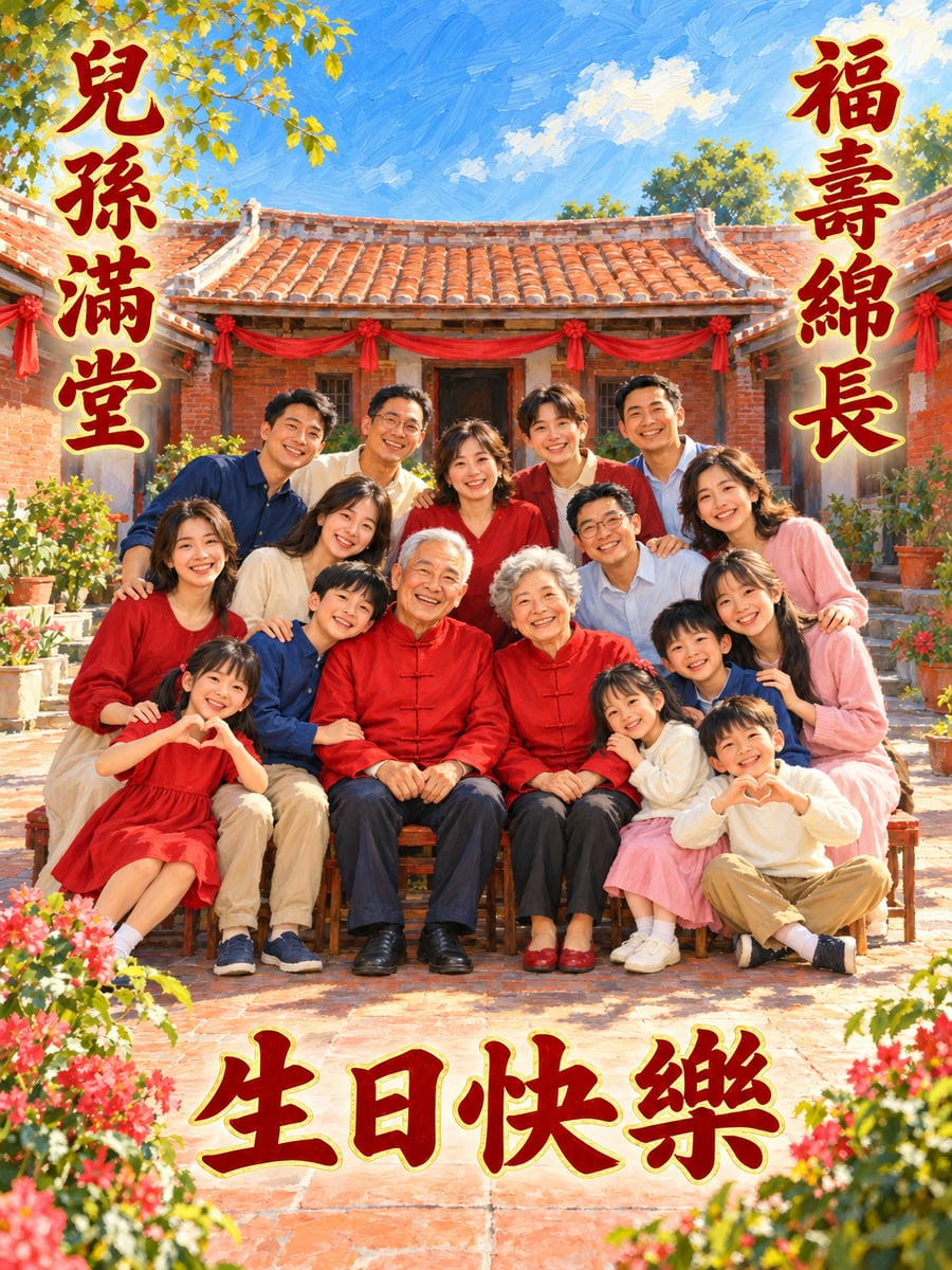 兒孫滿堂。圖中文字：生日快樂，兒孫滿堂，福壽綿長