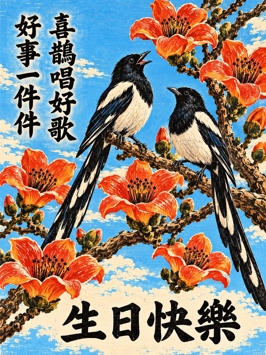 喜鵲報喜。圖中文字：生日快樂，喜鵲唱好歌，好事一件件