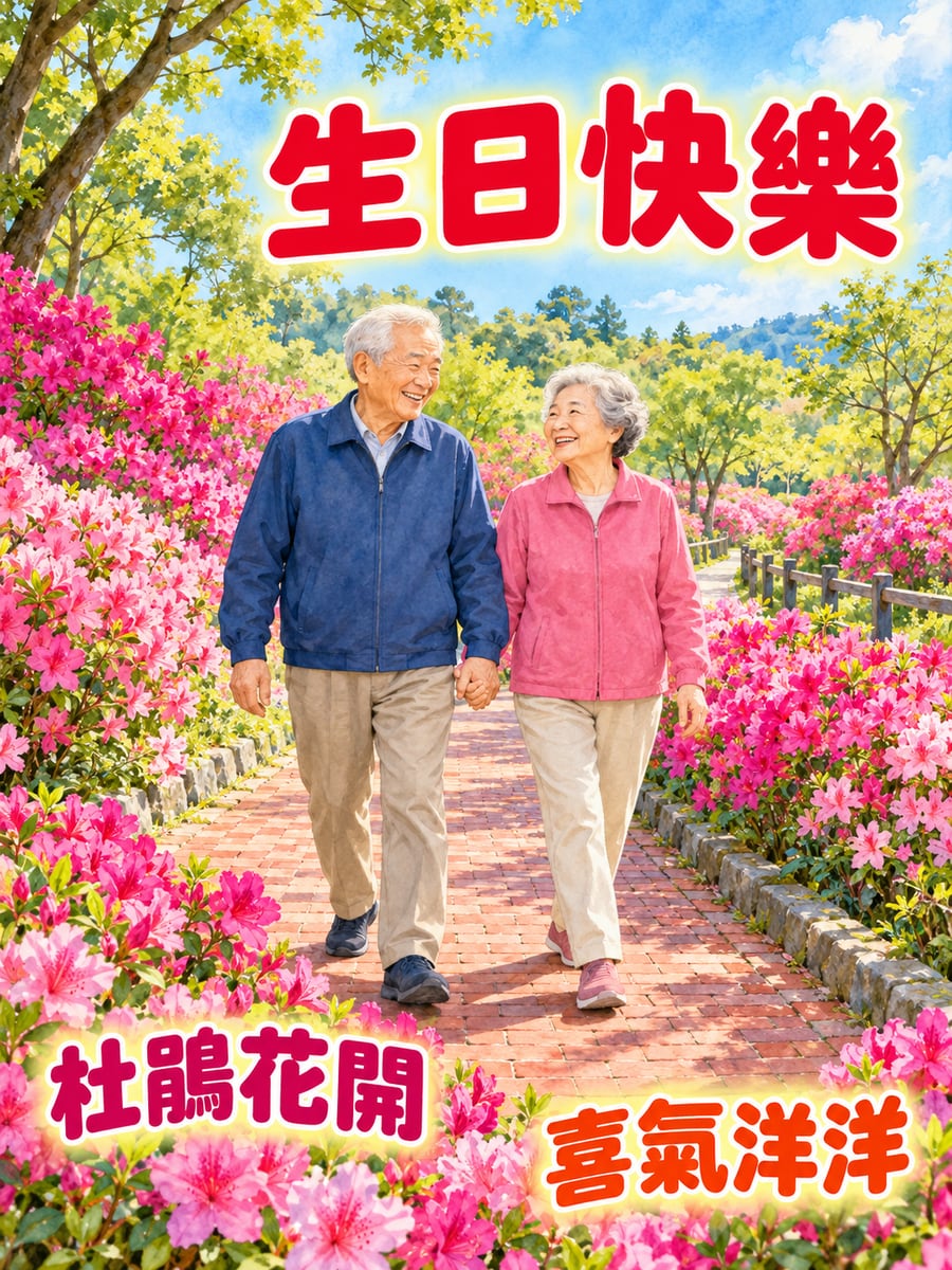 杜鵑花開。圖中文字：生日快樂，杜鵑花開，喜氣洋洋