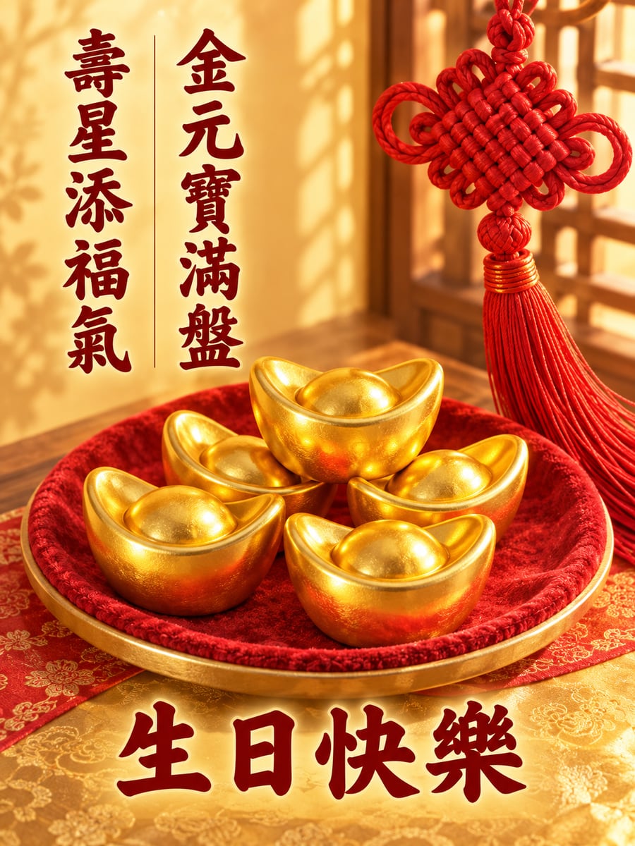 招財進寶。圖中文字：生日快樂，金元寶滿盤，壽星添福氣