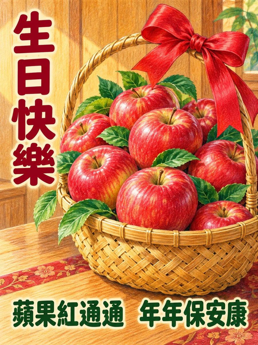 蘋果紅通通。圖中文字：生日快樂，蘋果紅通通，年年保安康