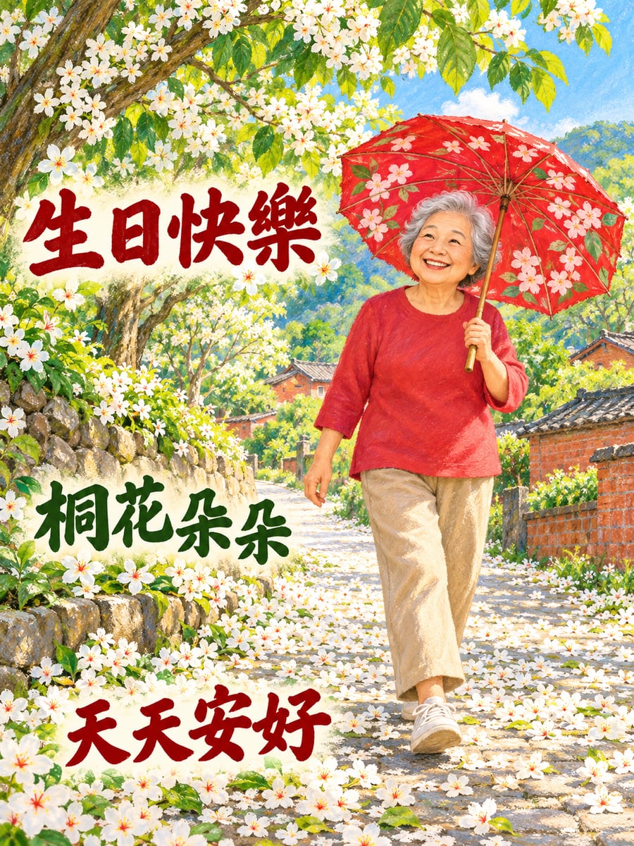 桐花朵朵。圖中文字：生日快樂，桐花朵朵，天天安好