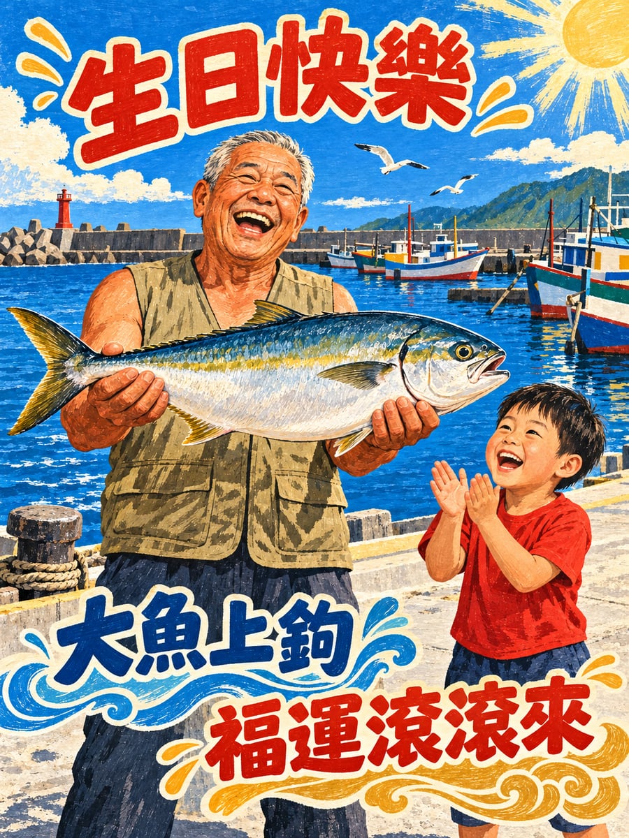 阿公釣到大魚。圖中文字：生日快樂，大魚上鉤，福運滾滾來