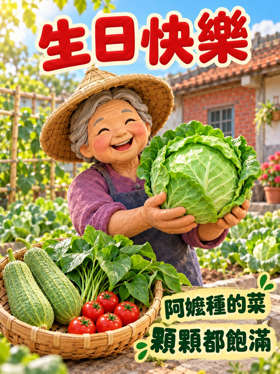 菜園大豐收。圖中文字：生日快樂，阿嬤種的菜，顆顆都飽滿