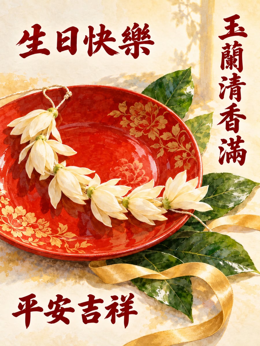 玉蘭花香。圖中文字：生日快樂，玉蘭清香滿，平安吉祥