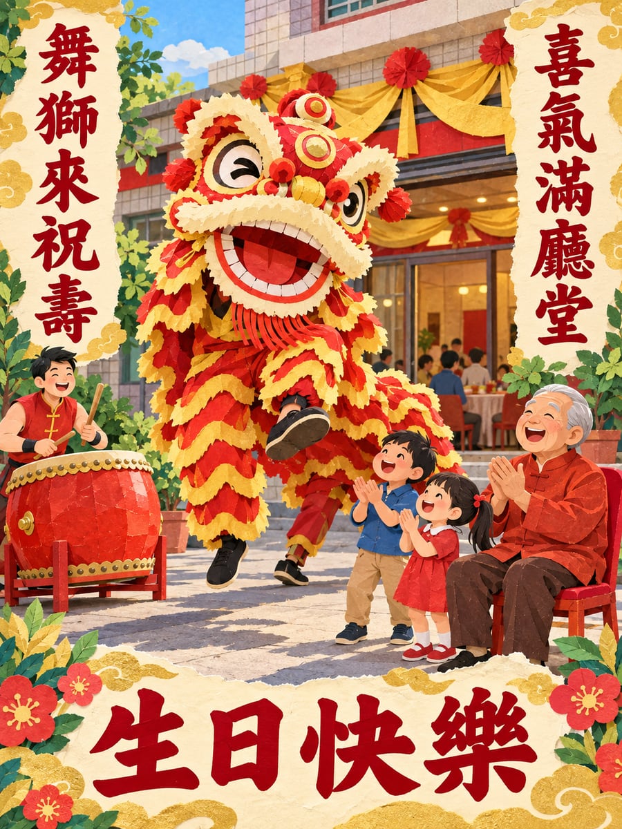 舞獅來祝壽。圖中文字：生日快樂，舞獅來祝壽，喜氣滿廳堂