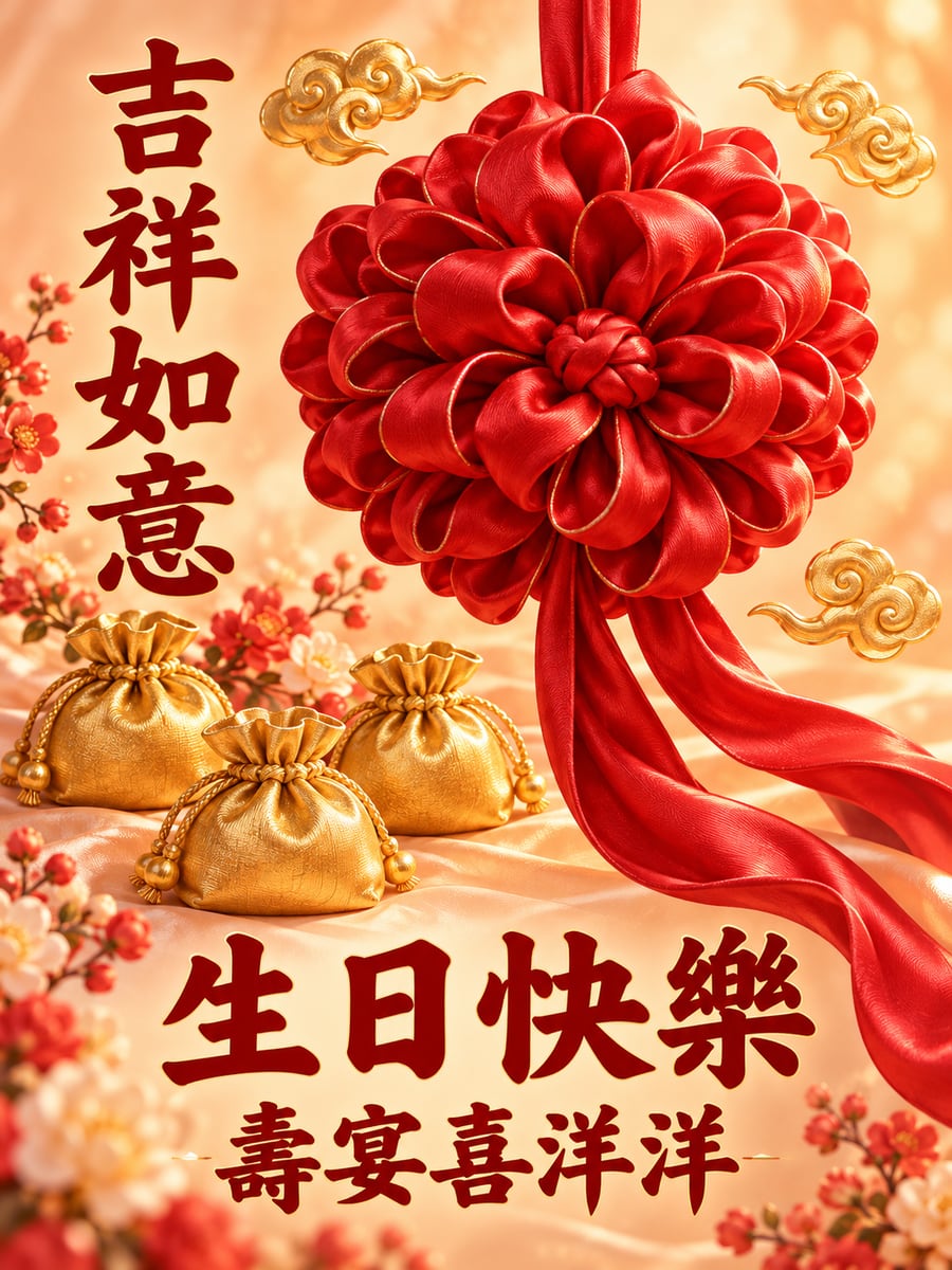 紅綢花球。圖中文字：生日快樂，吉祥如意，壽宴喜洋洋