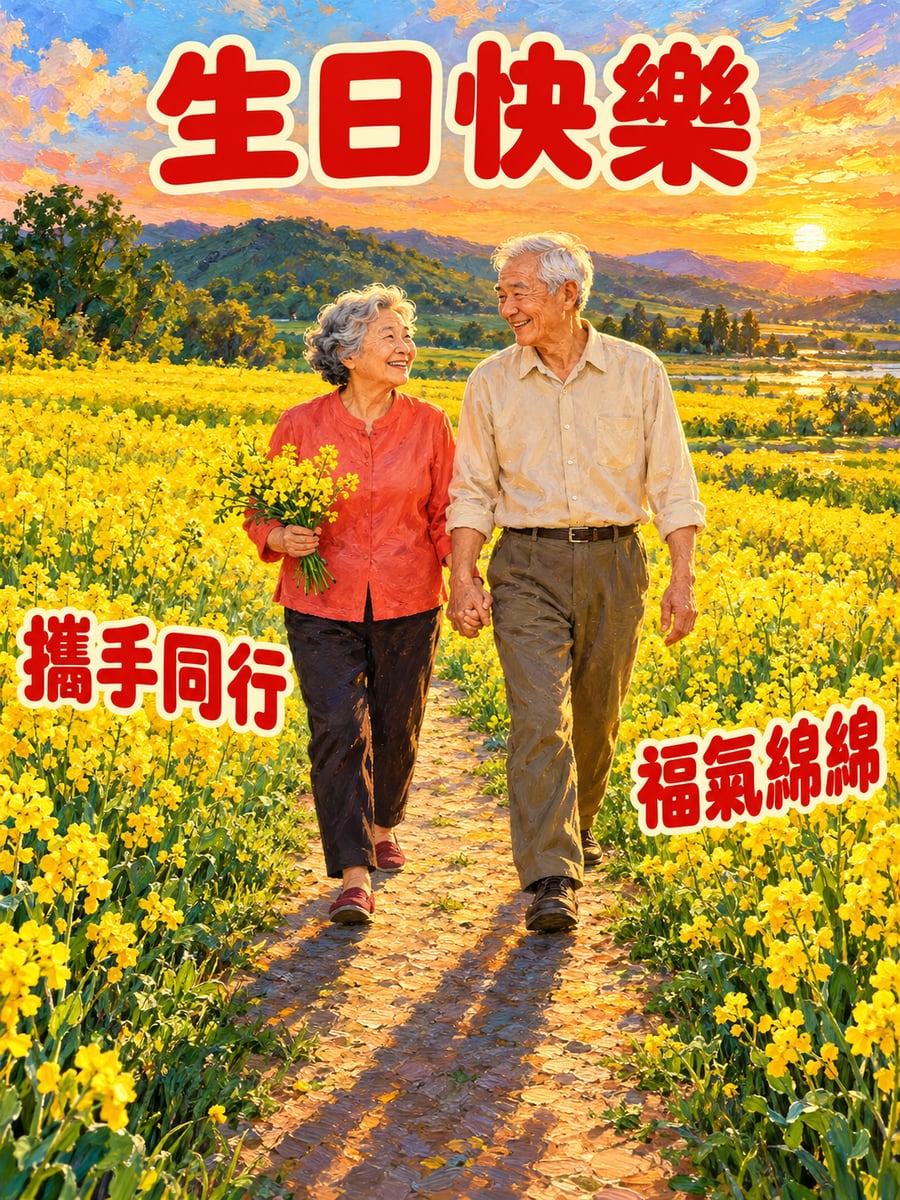 攜手同行。圖中文字：生日快樂，攜手同行，福氣綿綿
