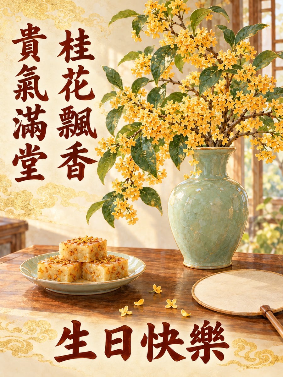 桂花飄香。圖中文字：生日快樂，桂花飄香，貴氣滿堂