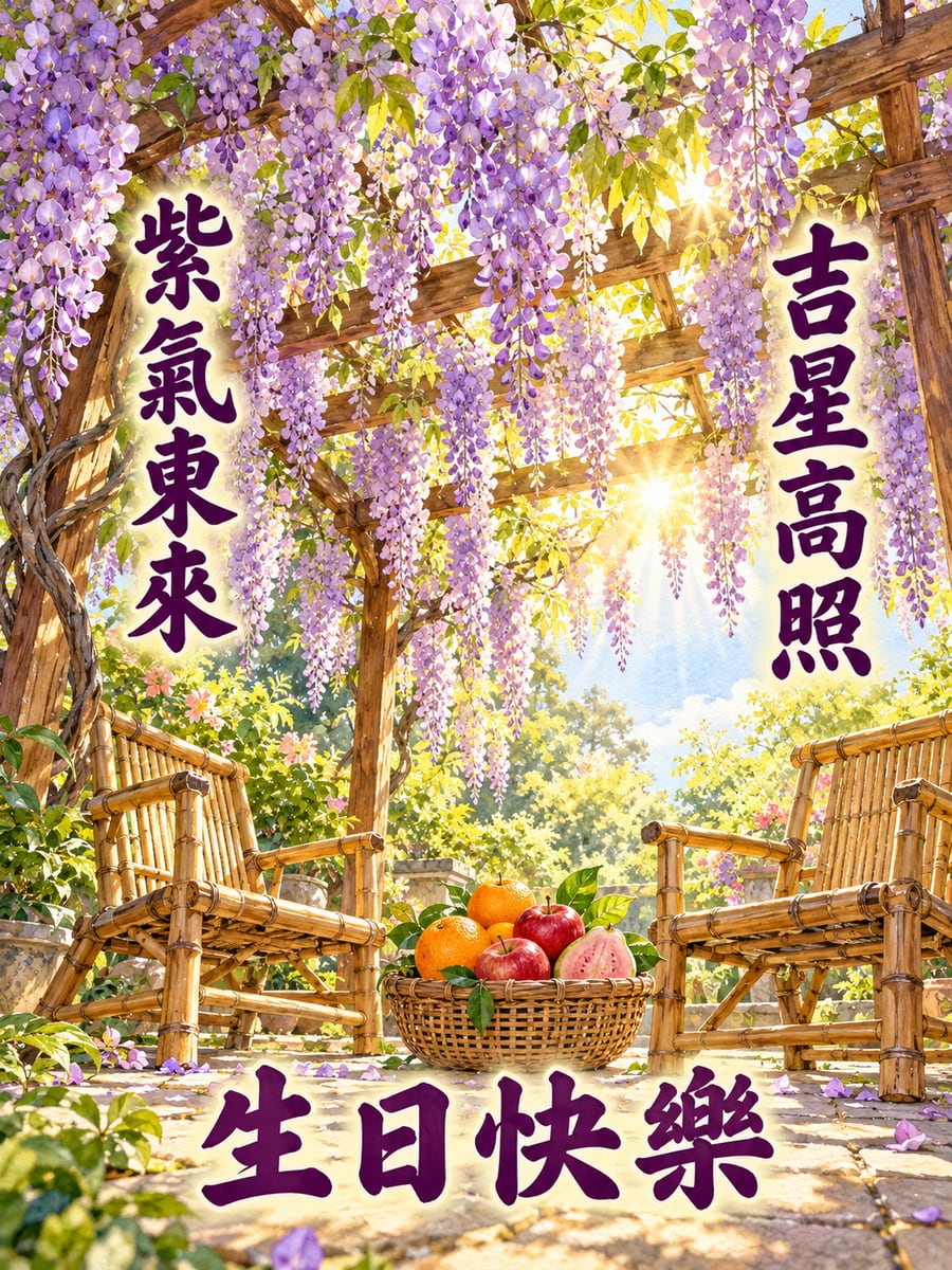 紫藤花開。圖中文字：生日快樂，紫氣東來，吉星高照