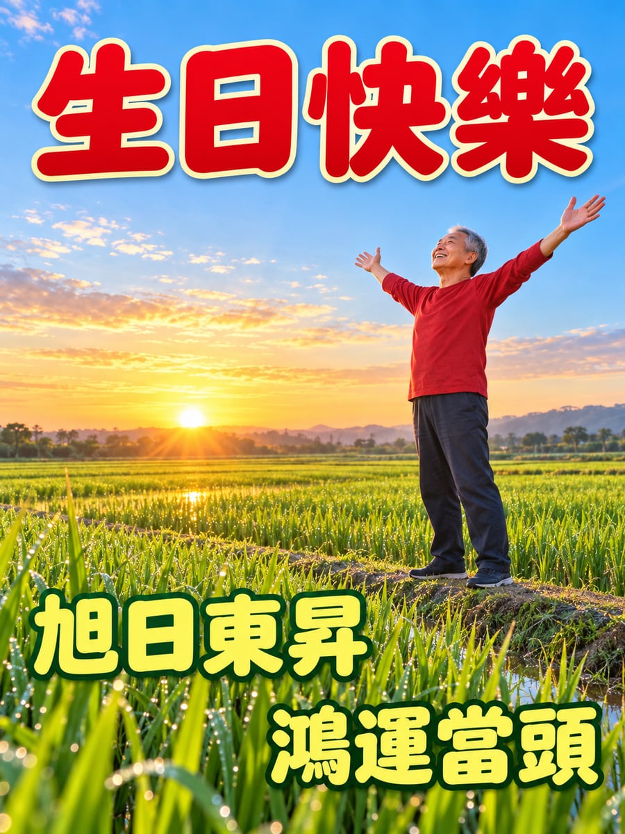 旭日東昇。圖中文字：生日快樂，旭日東昇，鴻運當頭