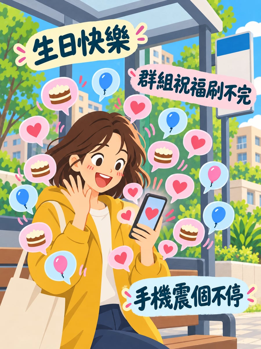 群組祝福刷不完。圖中文字：生日快樂，群組祝福刷不完，手機震個不停