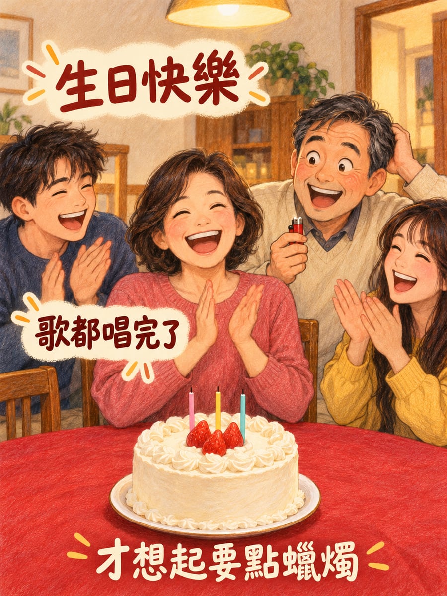 歌唱完才點蠟燭。圖中文字：生日快樂，歌都唱完了，才想起要點蠟燭