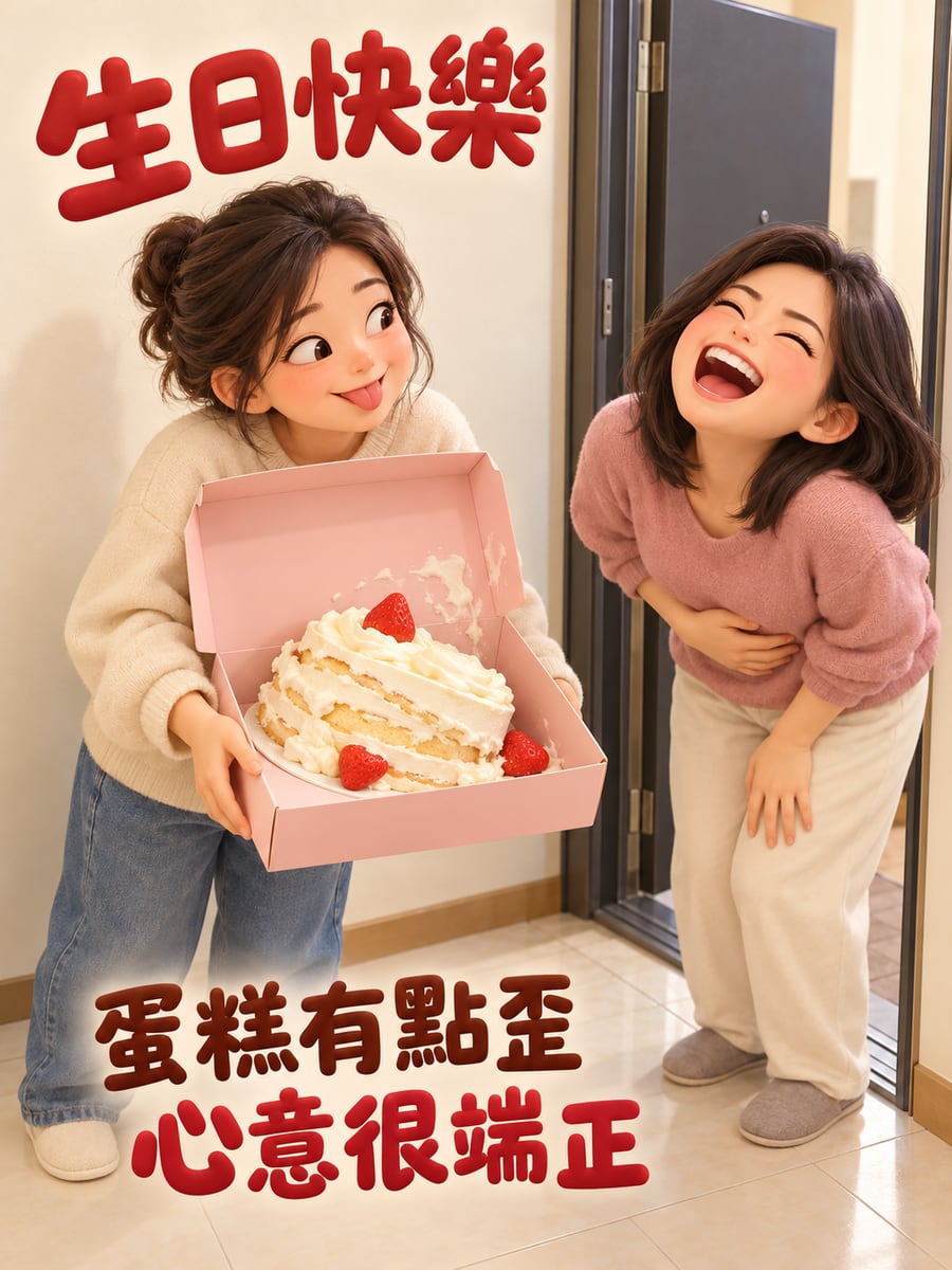 蛋糕有點歪。圖中文字：生日快樂，蛋糕有點歪，心意很端正