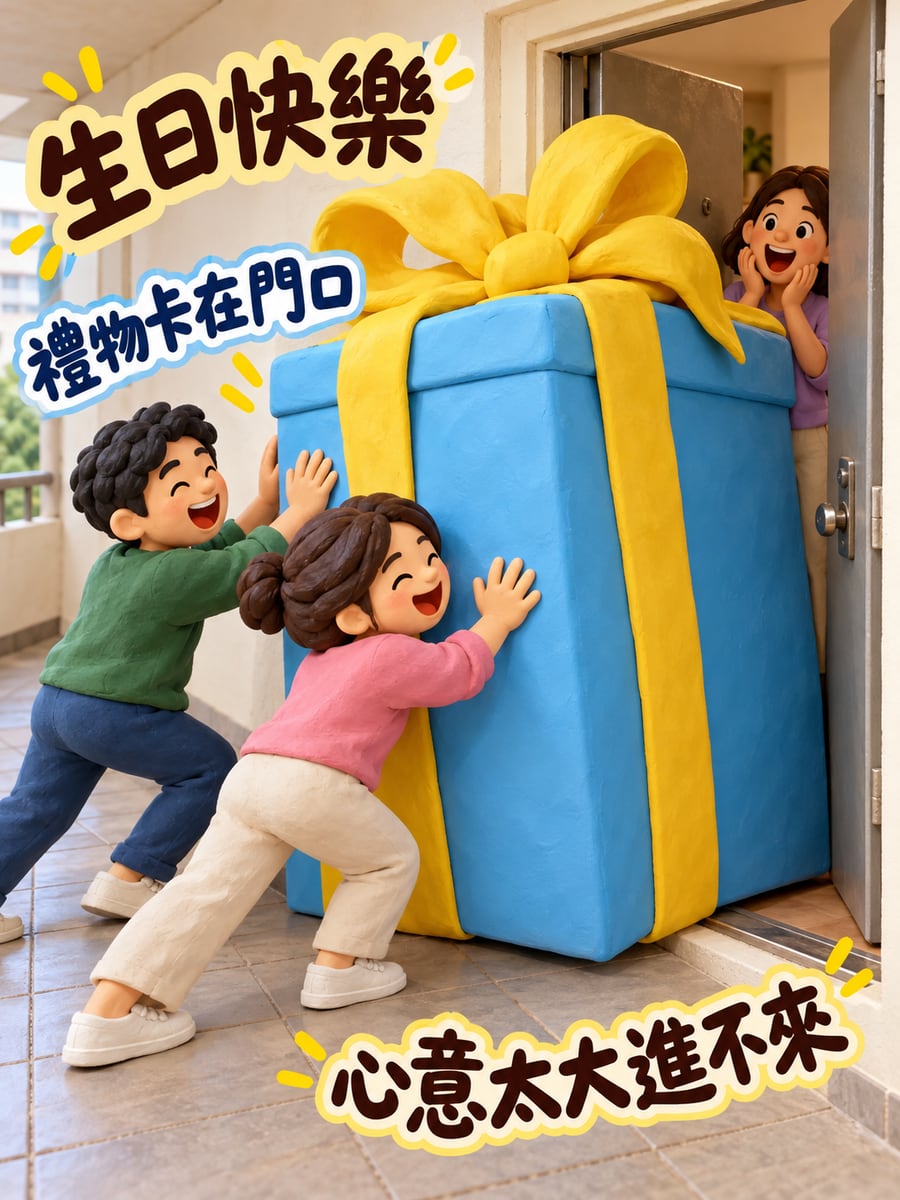 禮物卡在門口。圖中文字：生日快樂，禮物卡在門口，心意太大進不來