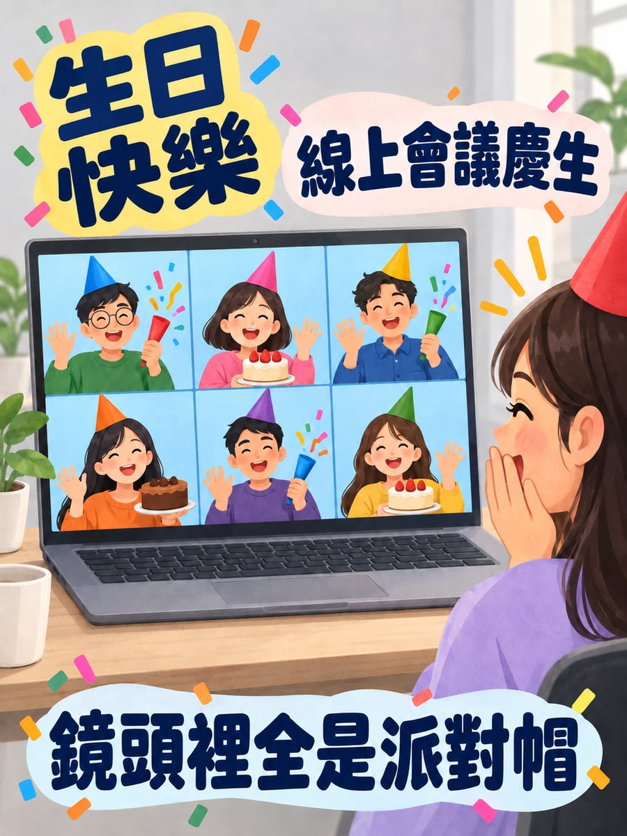 線上會議慶生。圖中文字：生日快樂，線上會議慶生，鏡頭裡全是派對帽