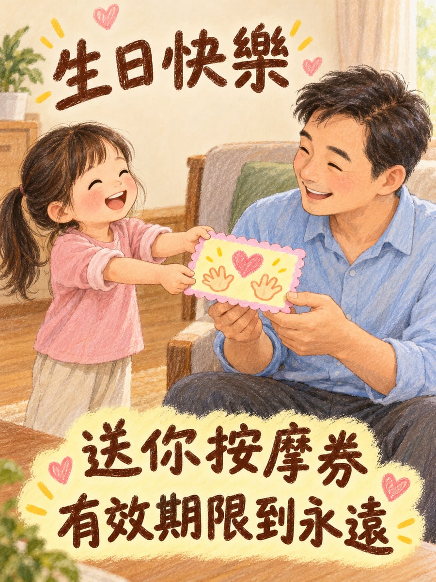 自製按摩券。圖中文字：生日快樂，送你按摩券，有效期限到永遠