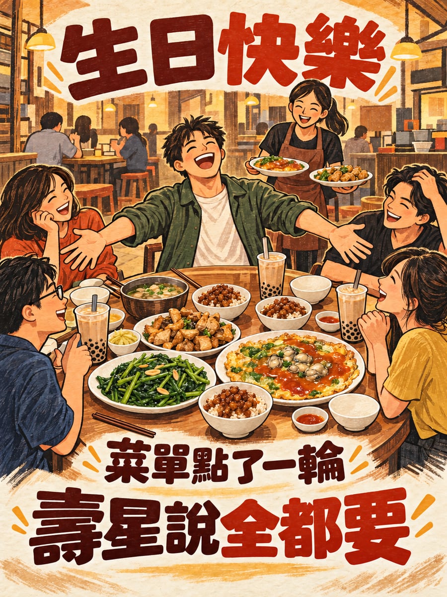 壽星說全都要。圖中文字：生日快樂，菜單點了一輪，壽星說全都要