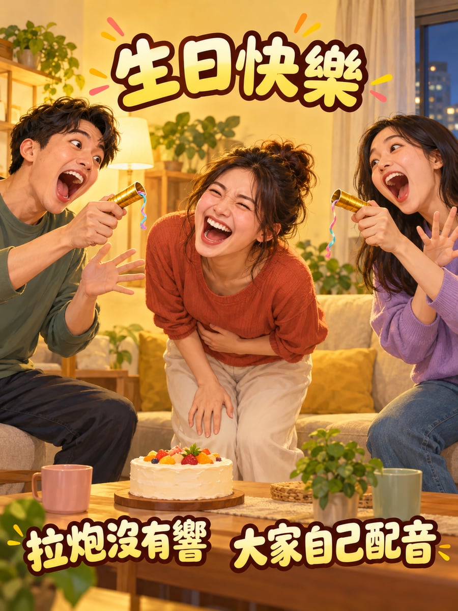 拉炮沒響。圖中文字：生日快樂，拉炮沒有響，大家自己配音