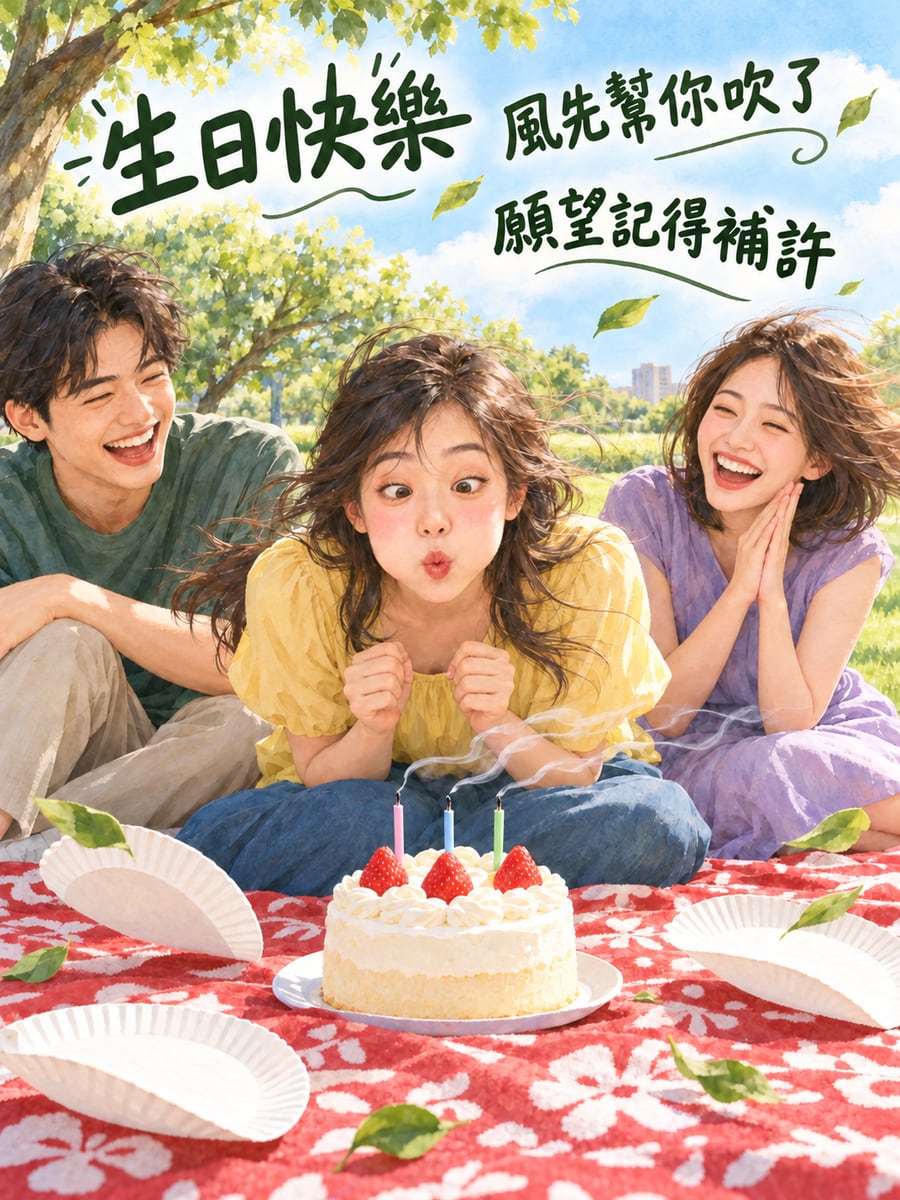 風先吹熄蠟燭。圖中文字：生日快樂，風先幫你吹了，願望記得補許