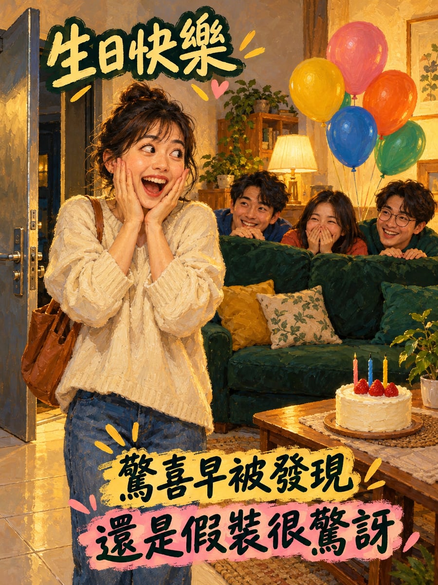 驚喜被識破。圖中文字：生日快樂，驚喜早被發現，還是假裝很驚訝