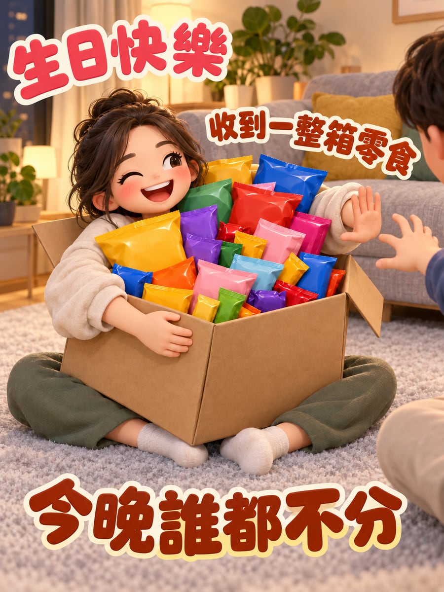 一整箱零食。圖中文字：生日快樂，收到一整箱零食，今晚誰都不分