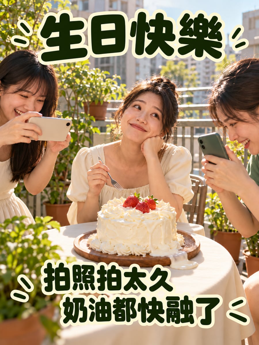 拍太久奶油融了。圖中文字：生日快樂，拍照拍太久，奶油都快融了