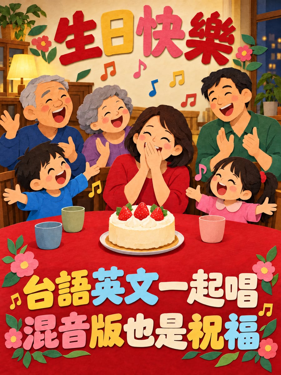 台語英文一起唱。圖中文字：生日快樂，台語英文一起唱，混音版也是祝福