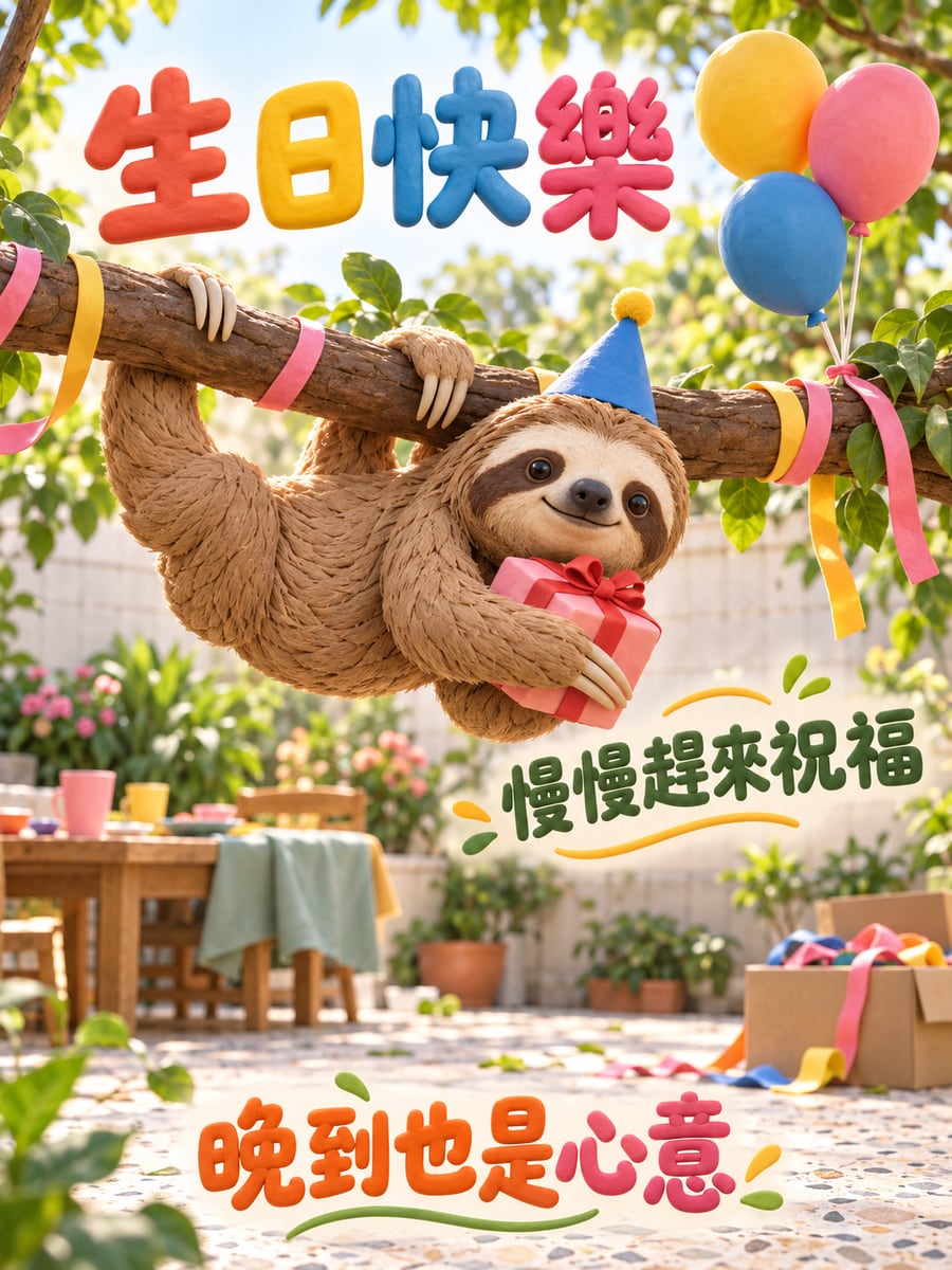 樹懶趕來慶生。圖中文字：生日快樂，慢慢趕來祝福，晚到也是心意
