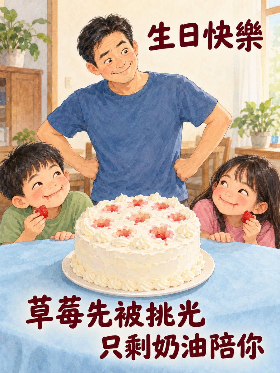 草莓先被挑光。圖中文字：生日快樂，草莓先被挑光，只剩奶油陪你