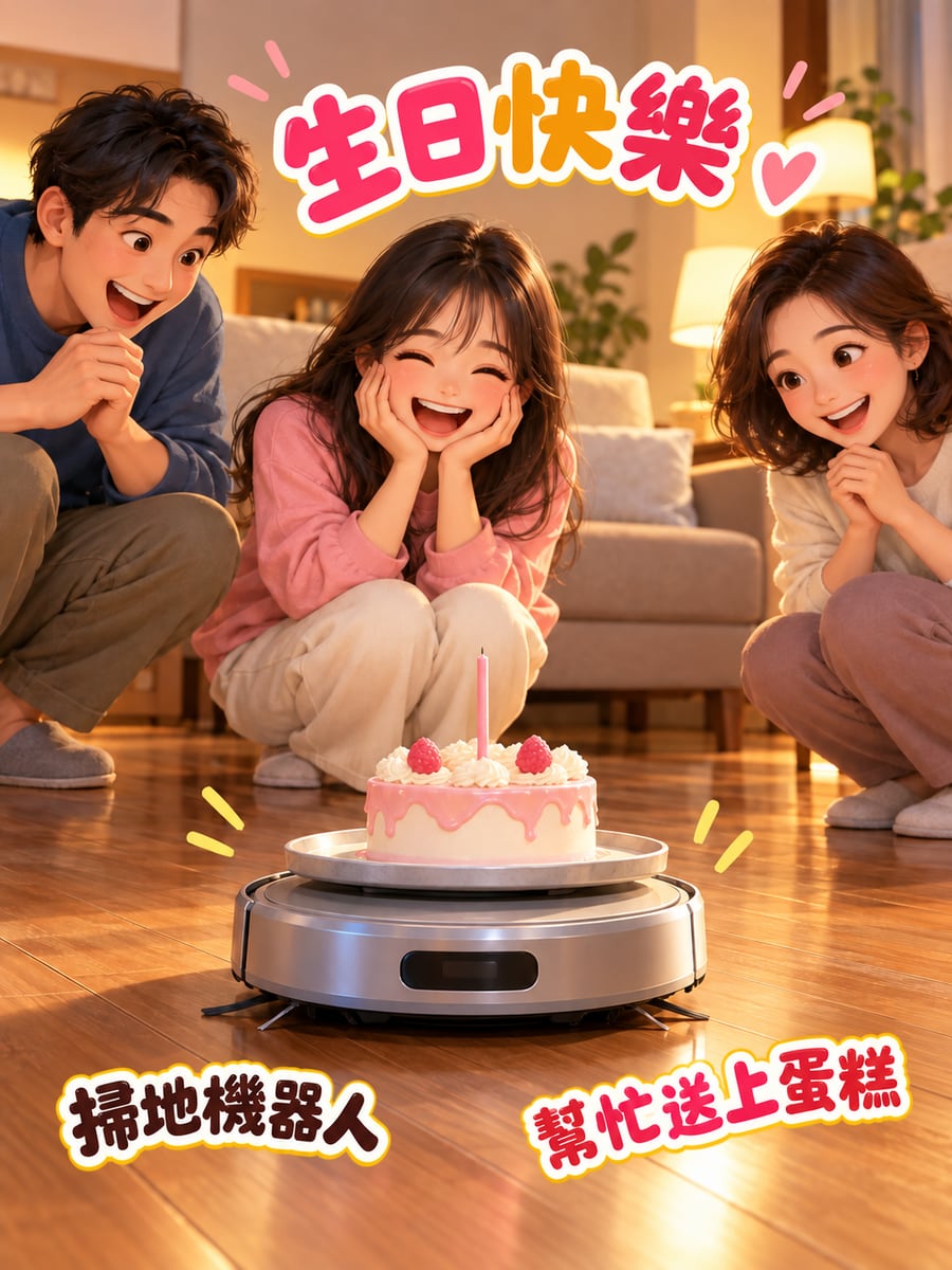 掃地機器人送蛋糕。圖中文字：生日快樂，掃地機器人，幫忙送上蛋糕