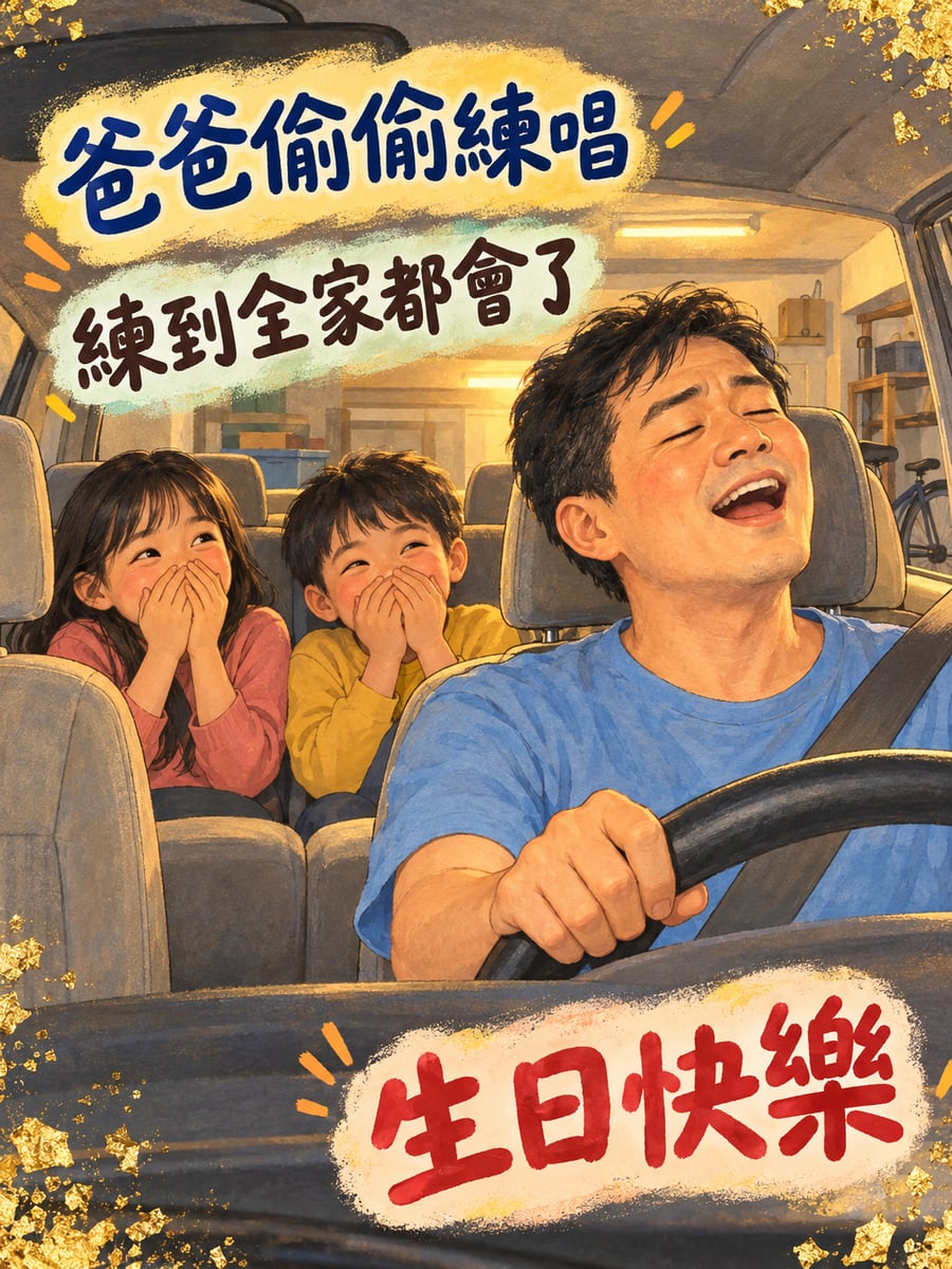 爸爸偷練生日歌。圖中文字：生日快樂，爸爸偷偷練唱，練到全家都會了