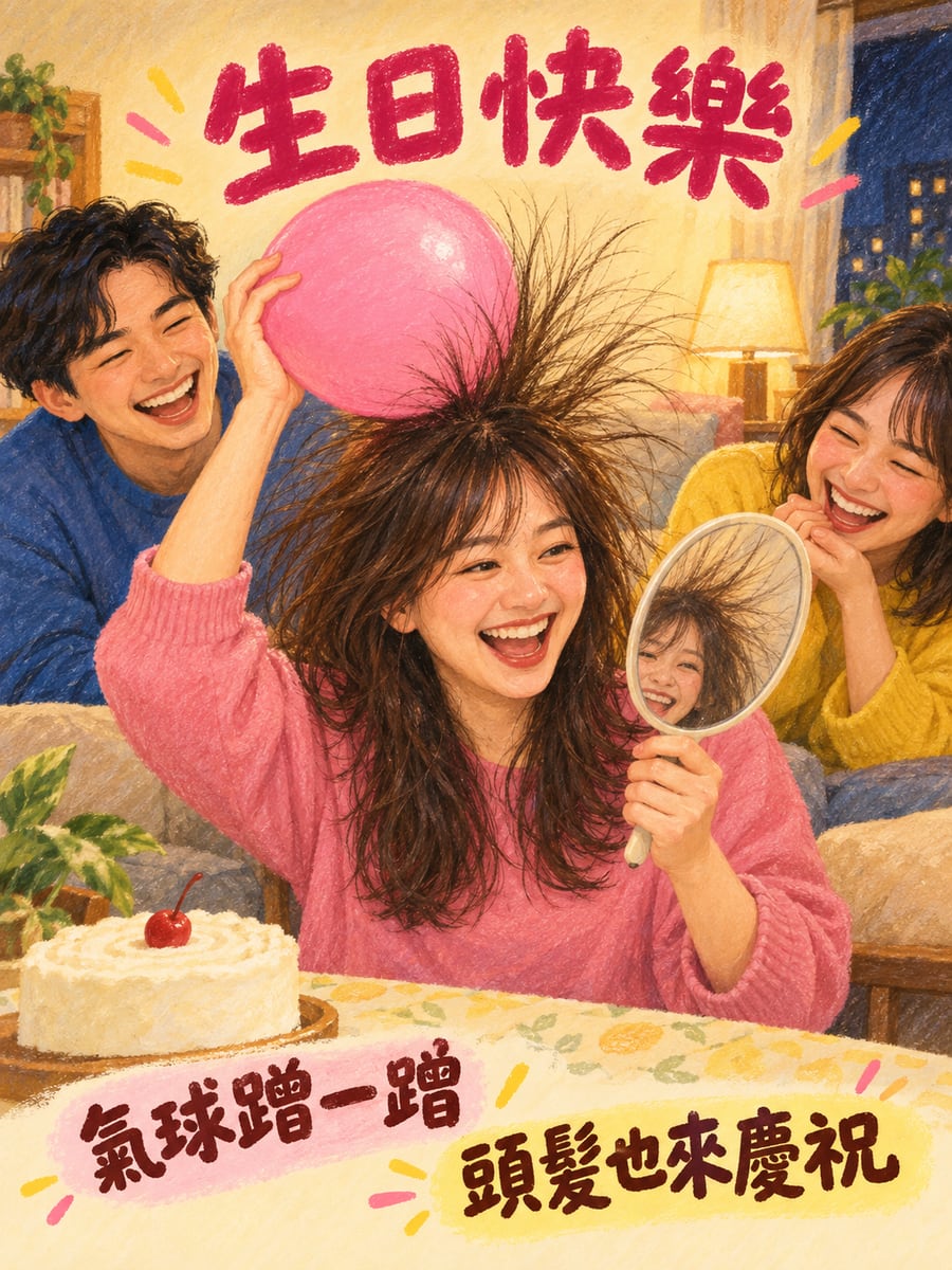 氣球蹭頭髮。圖中文字：生日快樂，氣球蹭一蹭，頭髮也來慶祝
