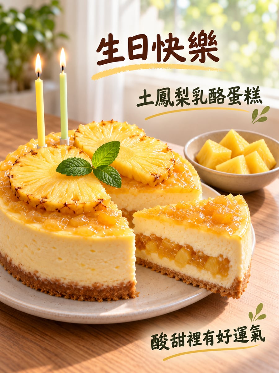 土鳳梨乳酪蛋糕。圖中文字：生日快樂，土鳳梨乳酪蛋糕，酸甜裡有好運氣